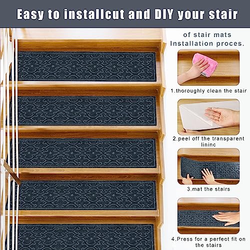 15Pcs Stair Treads for Wooden Steps Indoor with Self Adhesive, 8"x30" Non Slip Stair Runners-Peel & Stick Indoor Stair Carpet Runner, Resistant Indoor Runner for Kids、Elders and Pets, Brown