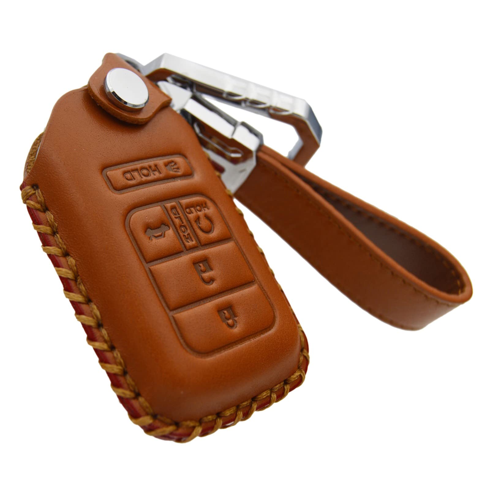 Real Leather Key Fob Cover with Keychain compatible with Honda Civic Accord Pilot CR-V HR V 5 Buttons Ridgeline Passport