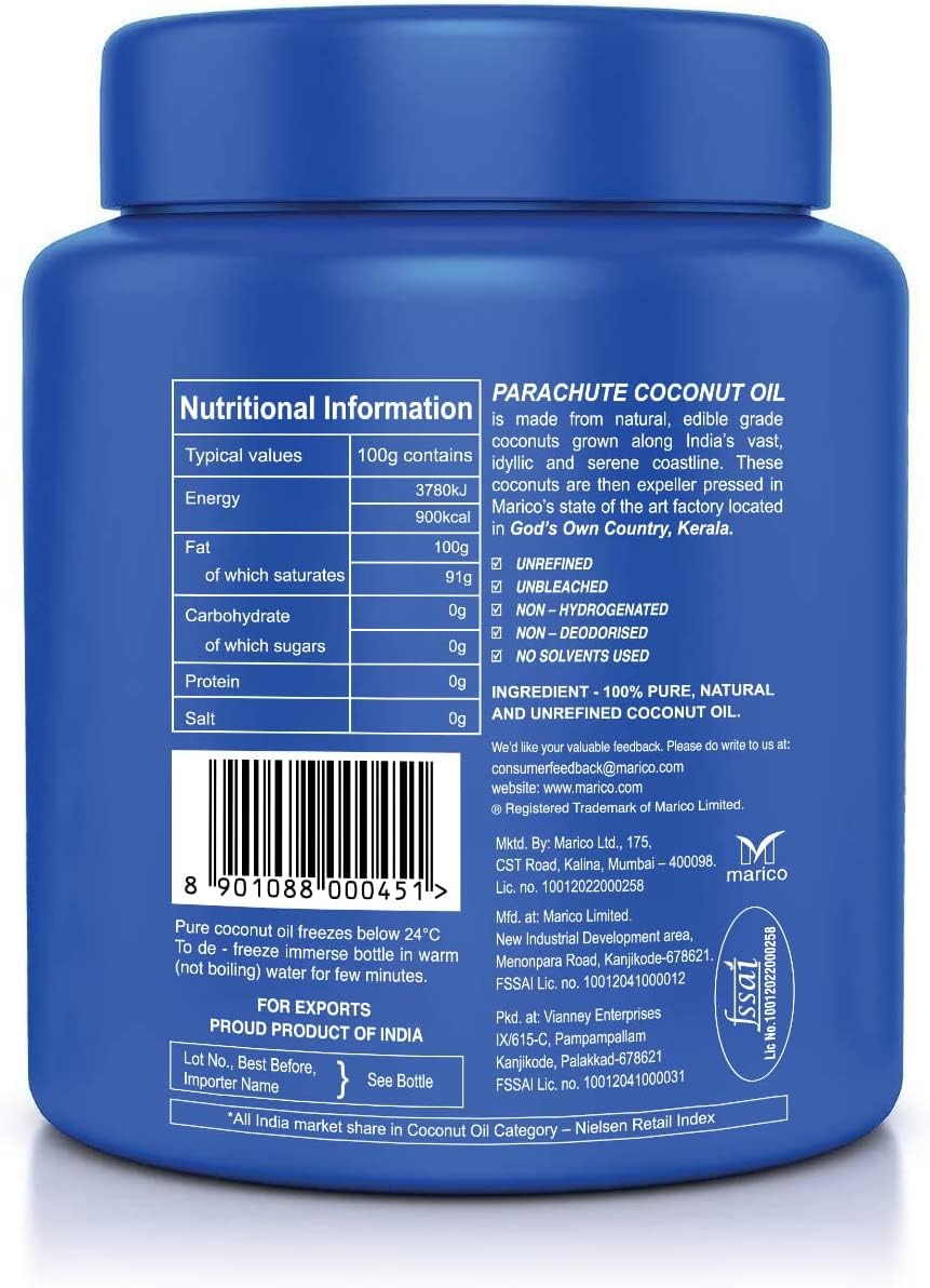 Parachute Coconut Oil| 100% Pure & Natural| Unrefined Coconut Oil| No Chemicals & Preservatives| Fresh Long Lasting Aroma| Untouched By Hands| 15 Fl Oz Jar