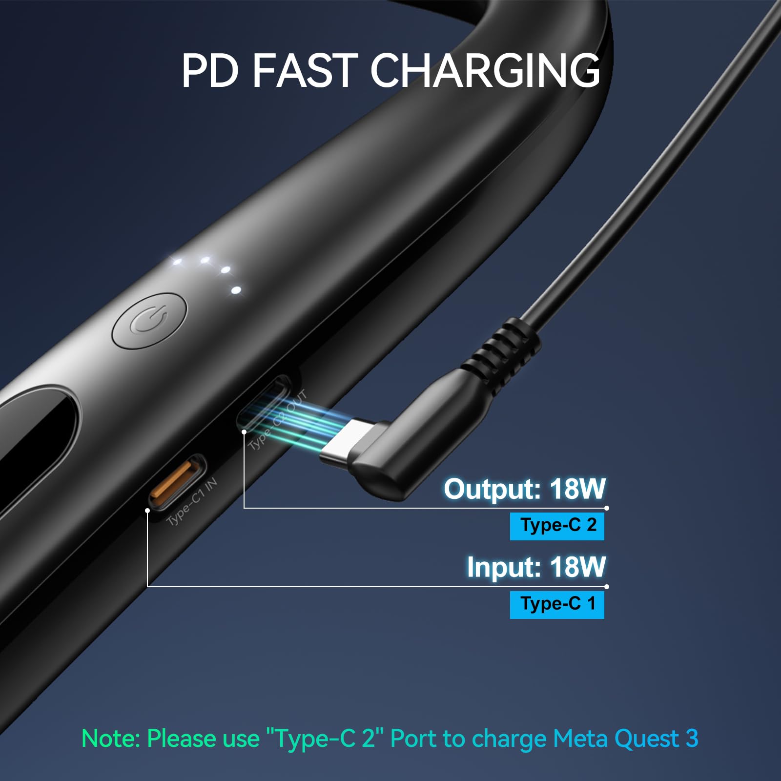 NEWDERY Battery Pack for Meta Quest 3/2, 10000mAh Hanging Neck Power Bank for Extra 3-5H Playtime, PD Fast Charger for VR Oculus Quest 3/2 / 1 / Pro, Pico 4/4 Pro, HTC Vive, PSVR 2