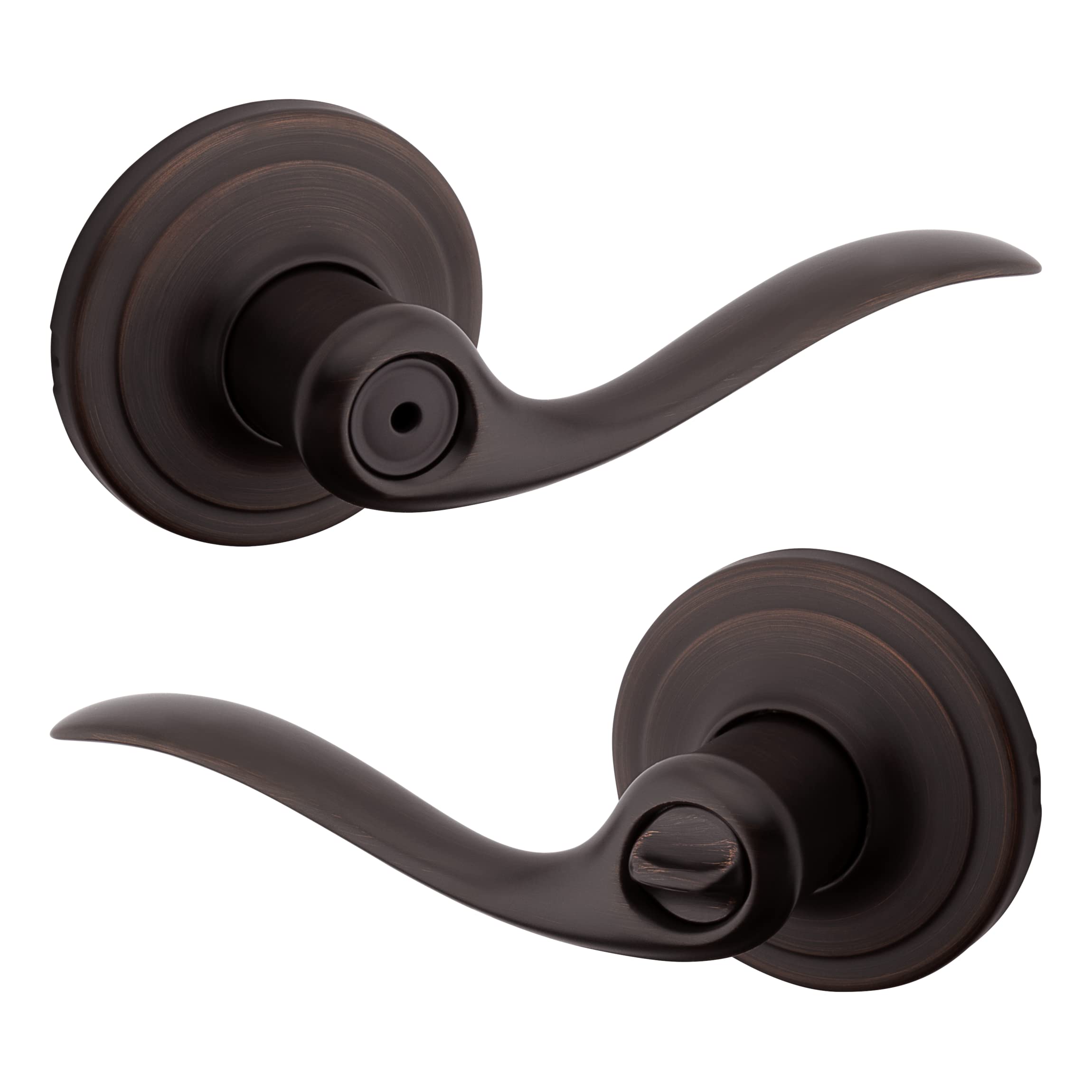 Kwikset Tustin Interior Privacy Door Handle with Lock, Metal, Door Lever For Bathroom and Bedroom, Venetian Bronze Reversible Keyless Turn Lock, with Microban Protection
