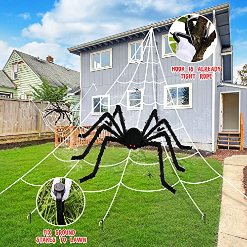 Bswalf Spider Webs Halloween Decorations Outdoor, 16.4 x 15.7 ft Triangular Spider Web + 50‘’ Scary Giant Spider, 20 g Stretch Cobwebs Outdoor Halloween Decorations for Outside Yard Garden Lawn Party