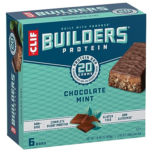 CLIF Builders - Chocolate Mint Flavor - Plant Based Protein Bars - Gluten Free - Non-GMO - Low Glycemic - 20g Protein - 2.4 oz. (6 Pack)
