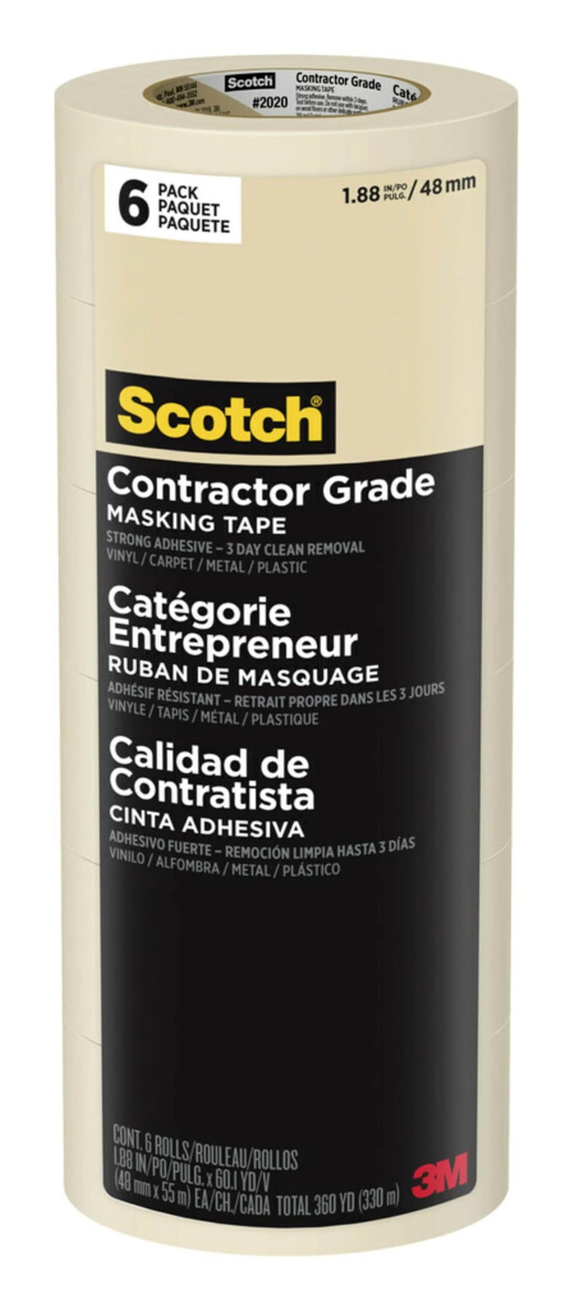 Scotch Painter's Tape Contractor Grade Masking Tape, 6 Rolls, 1.88 in x 60.1 yd, Holds to Surfaces For Up to 3 days, Removes Easily Without Leaving Sticky Residue, Interior & Exterior Use (2020-48TP6)