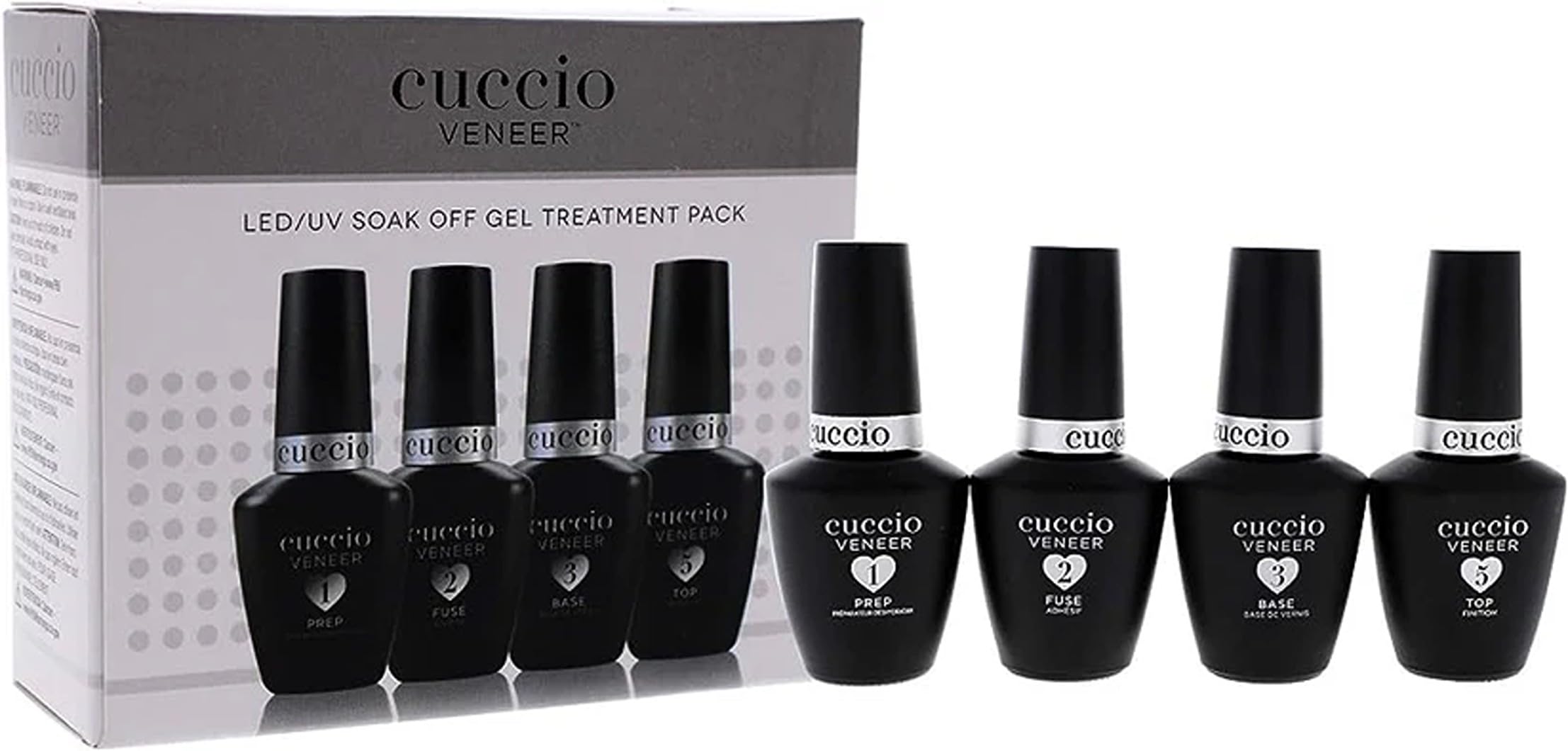 Cuccio Veneer Treatment Pack – Complete LED/UV Gel Polish System, Includes Prep, Fuse, Base, and Top Coat, 13 mL Each