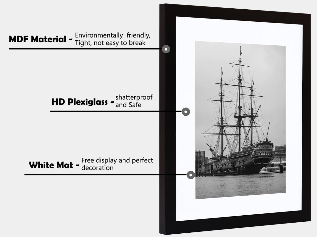 PEALSN 11x14 Picture Frame, Display Pictures 8 x 10 with Mat or 11 x 14 Without Mat for Wall Mounting Display, Photo Frames, Black