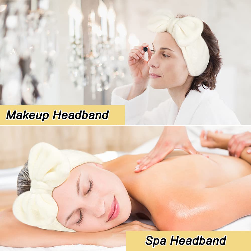 Shintop Spa Headband Soft Carol Fleece Makeup Headband with Cute Bow Elastic Hairand for Washing Face Skincare Facial Mask Bath Gift(Creamy White)