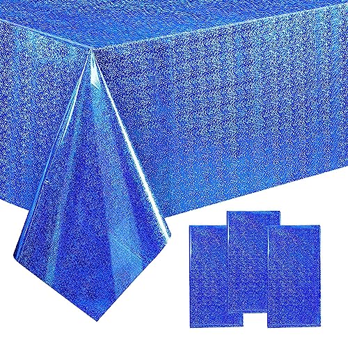 Siencooray 3 Pack Iridescence Plastic Tablecloths, 54" x 108" Blue Shiny Disposable Laser Table Cover for Rectangle, Holographic Foil Tablecloths Decoration for Party Birthday Wedding