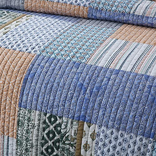 Autumn Dream Cotton Bedspread Quilt Sets Reversible Bedding Coverlet Sets Comforter, Bohemian Paisley Patchwork Blue Bedspread, Queen Size