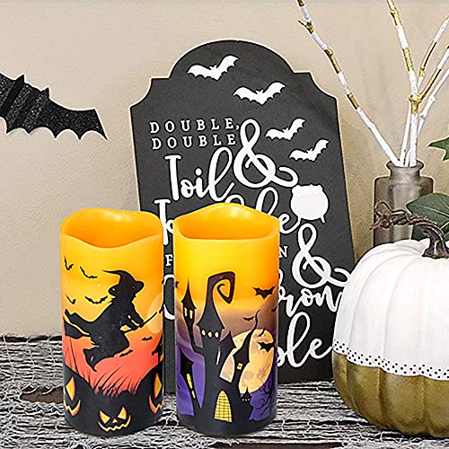 Eldnacele Halloween Flameless Candles, LED Flickering Battery Pillar Candles with 6H Timer and Pumpkin Decals, Spooky Fall Halloween Festival Party Decoration Set of 3 (D 3β x H 4β 5β 6β)