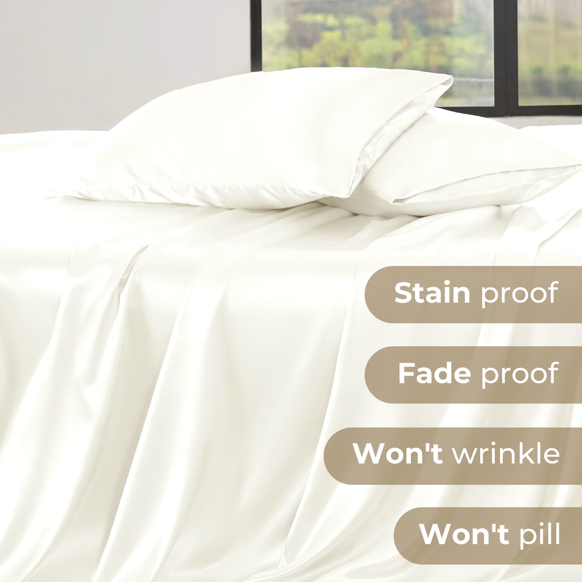 Seasonwood Satin Sheet Set Full Size Sheets Soft 1800 Microfiber 4 Pieces with 2 Pillowcase Ivory