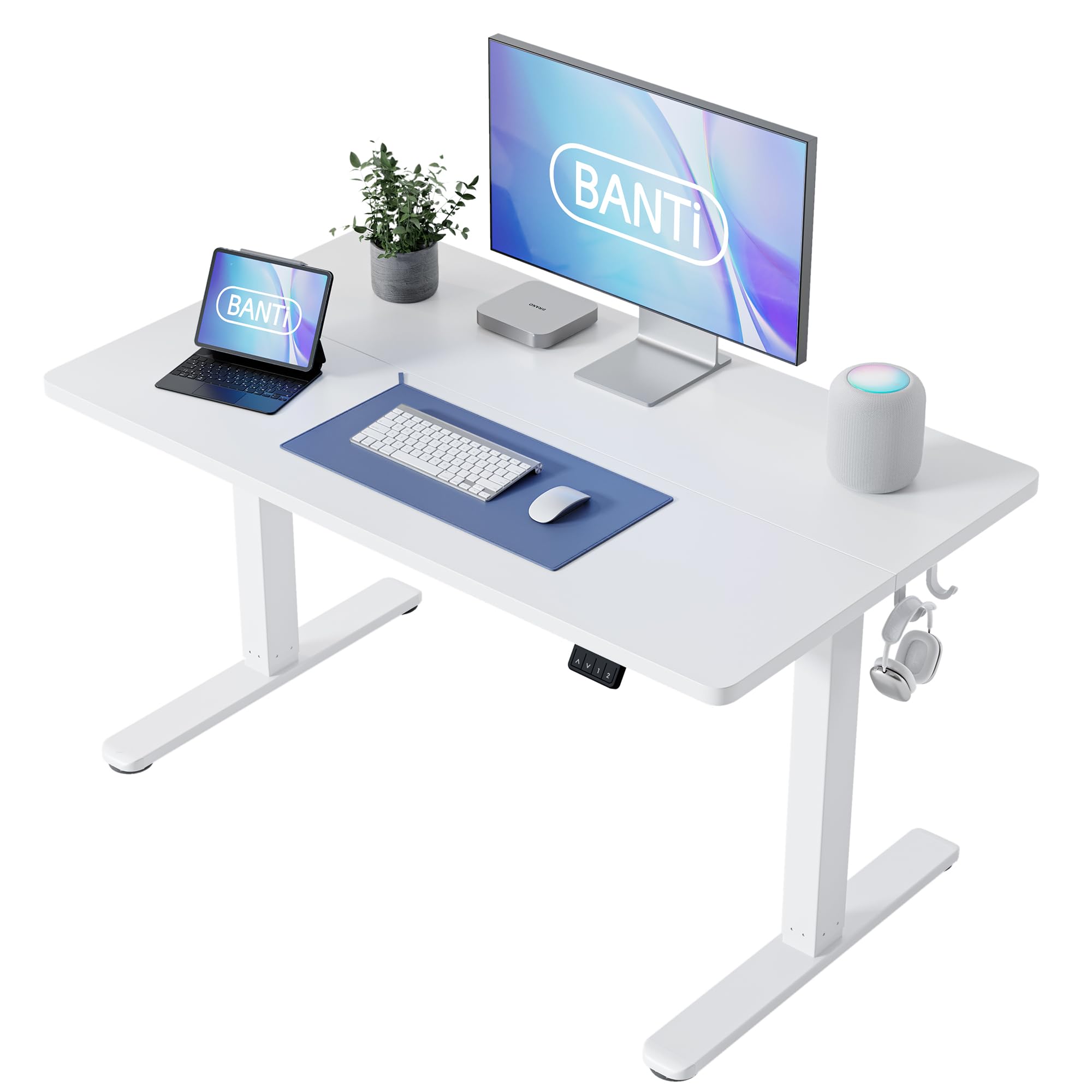 BANTI 40'' Standing Desk, Electric Stand up Height Adjustable Home Office Table, Sit Stand Desk with Splice Board, White