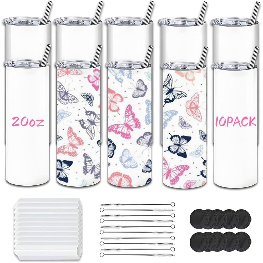 Kocdam 10 Pack 20 oz Sublimation Tumbler Blanks Skinny Straight Tumblers Bulk Stainless Steel Insulated Sublimation Tumblers 20oz with Lid and Straw, Gift Box