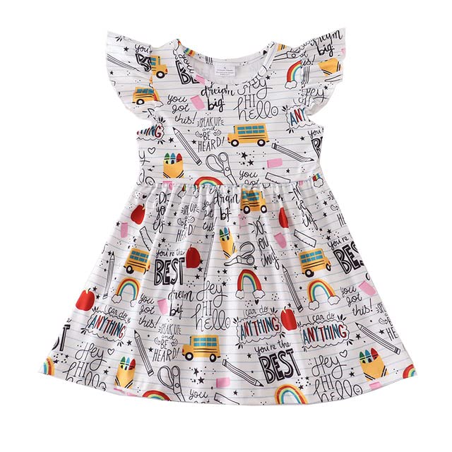 Toddler Little Girls Back to School Dresses -Apple, Pencils, Notebooks, Bookworm, School Bus,Glue,Tellurion,Blackboard Rainbow Dresses (5/6T, Back to school E)