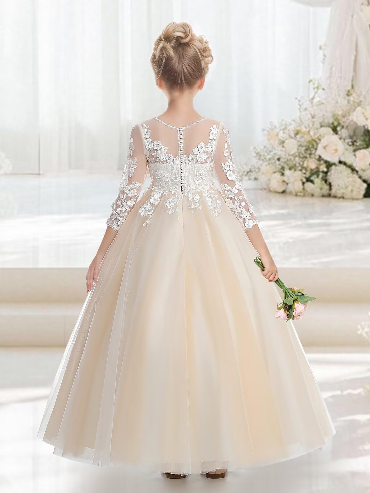 MXODI White Lace Applique Flower Girl Dresses for Wedding Party Gowns A Line Floor Length First Communion Dress with Long Sleeve Puffy Tulle Girla Wedding Dress White Size 2