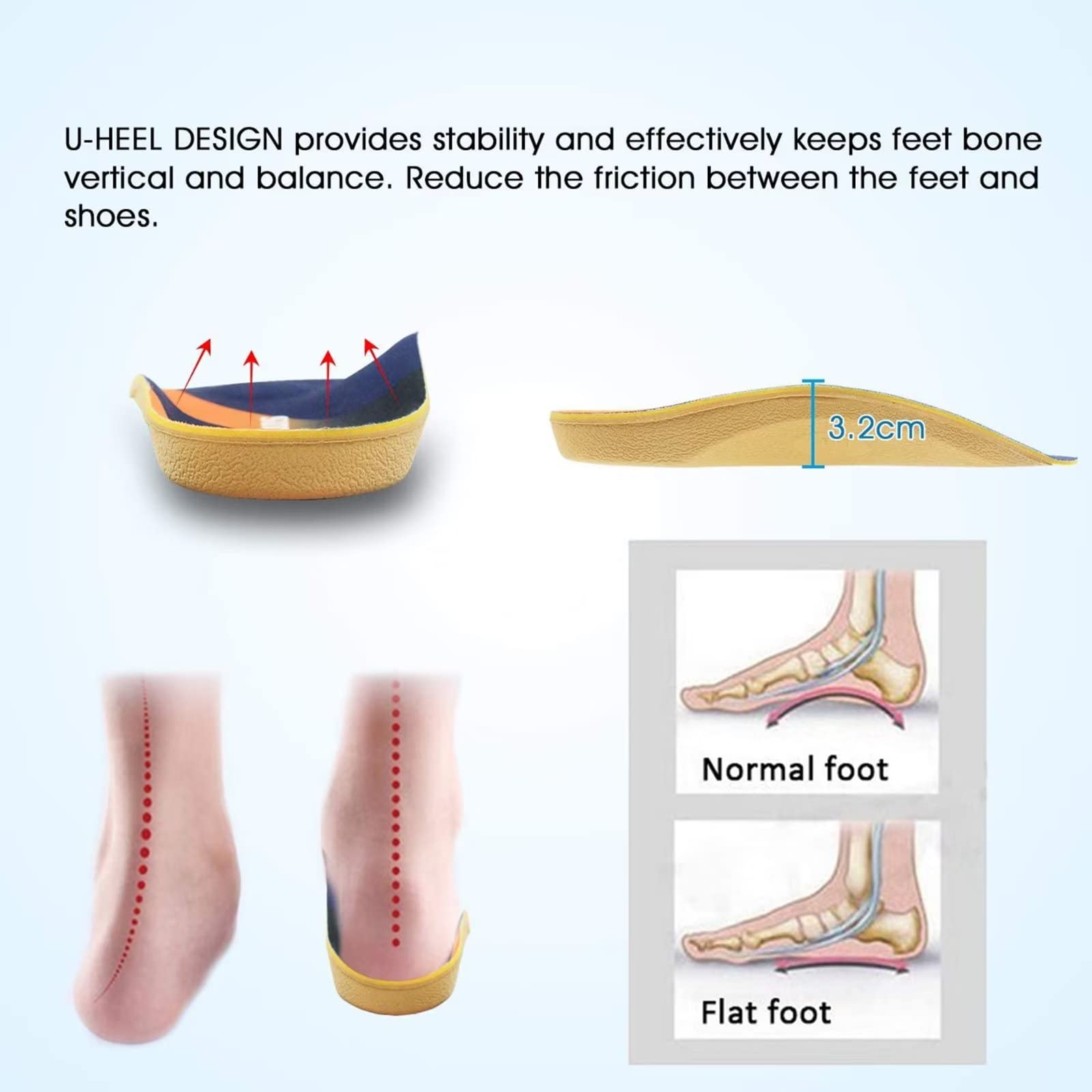 Arch Support Insoles, RooRuns 3/4 Plantar Fasciitis Insoles High Arch Support Insoles with Metatarsal Pads, Orthotic Inserts for Flat Feet, Heel Pain Relief