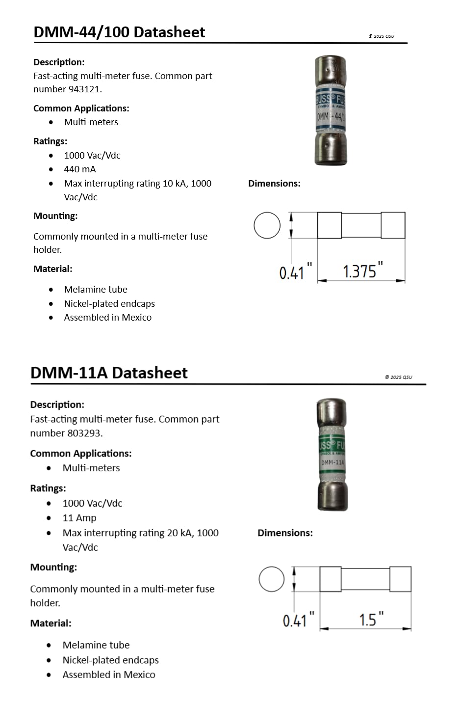 DMM-11A & DMM-44/100 Multi-Meter Fuse Combo Pack QSU