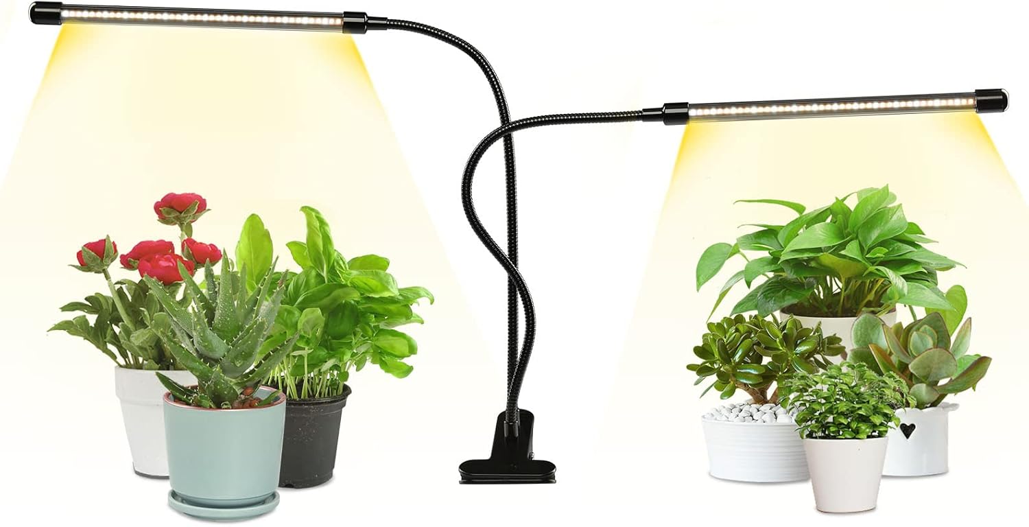 iPower LED Grow Light Strips Full Spectrum for Indoor Plants with Auto ON/Off 4/8/12H Timer, 5 Dimmable Levels Per Tube, Sunlike Grow Lamp for Hydroponics Succulent, 1 Pack, Yellow, 2 Tubes