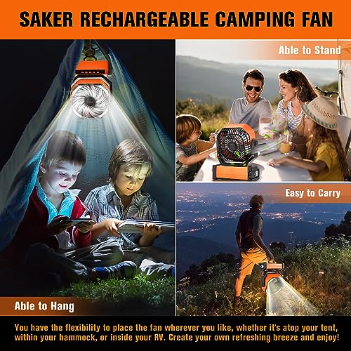 Saker Rechargeable Camping Fan-20000mAh Battery Powered Tent Fans with LED Lantern,Hanging Hook,Auto-Oscillating,Quiet Portable Ceiling Table Fan for Car Travel RV Camp Hurricane Emergency