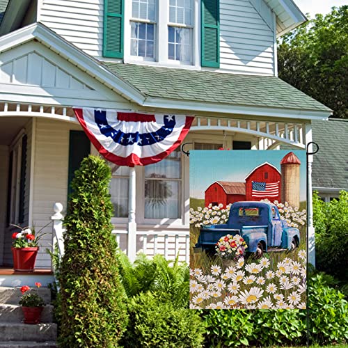 Dyrenson 4th of July Patriotic Welcome Memorial Day Garden Flag Double Sided, Rustic Farm Old Red Truck House Yard Flag, Daisy Garden Yard Flower Decorations, USA Outdoor Flag 12.5 x 18 Gift