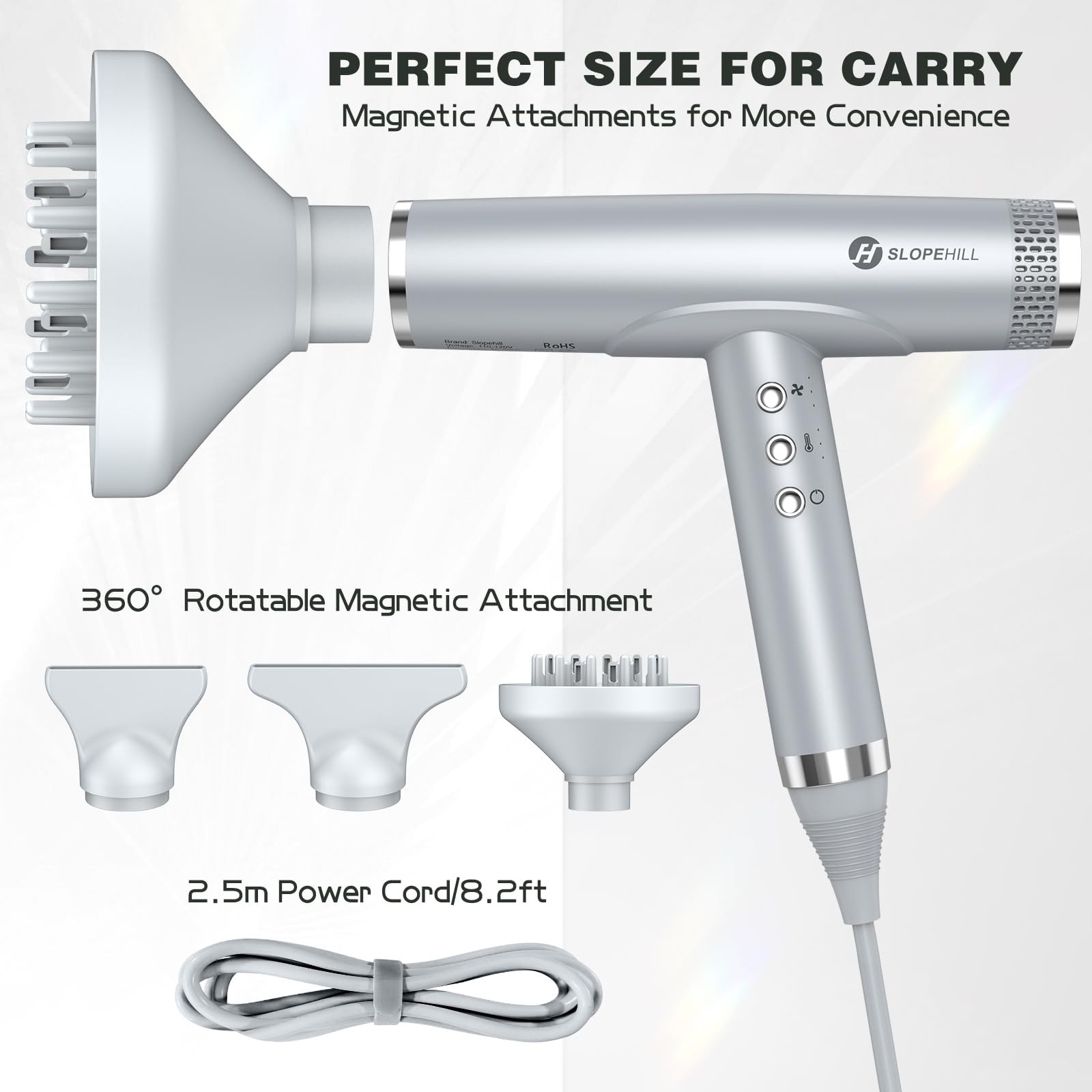Slopehill Professional Hair Dryer With Diffuser, Ionic, Powerful & Fast Salon Blow Dryer, 110,000 RPM Brushless Motor, Light & Compact for Home Travel (Silver)