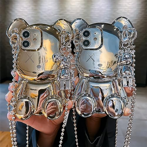 LANJINDENG Compatible with iPhone 12 Case Cute 3D Cartoon Gold Teddy Bear with Metal Chain Strap Bell Pendant Sparkle Bling Luxury Designer Soft Protection Cover for Women Girls