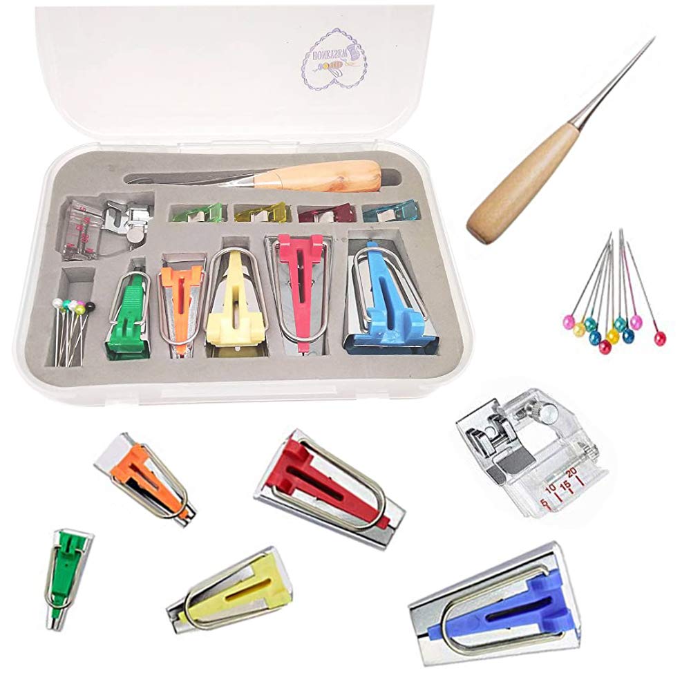 HONEYSEW Bias Tape Maker Kits All 5 Sizes 6MM 9MM 12MM 18MM 25MM Binding Foot Craft Clips Awl Quilter's Pin