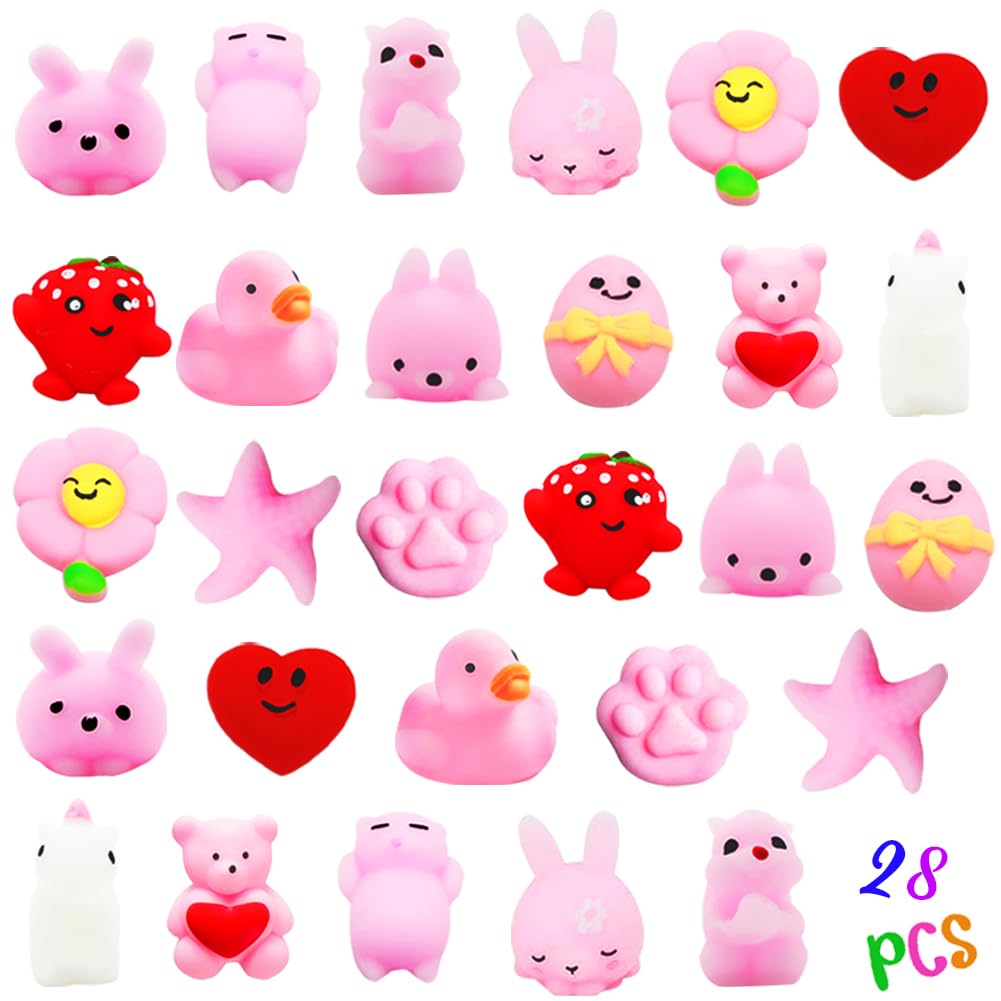 DINESIL 28 Packs Mochi Squishy Toys, Kawaii Animal Squishies Stress Relief Toy for Classroom Exchange, Game Prizes, Easter Party Favors, Goodie Bag Stuffers