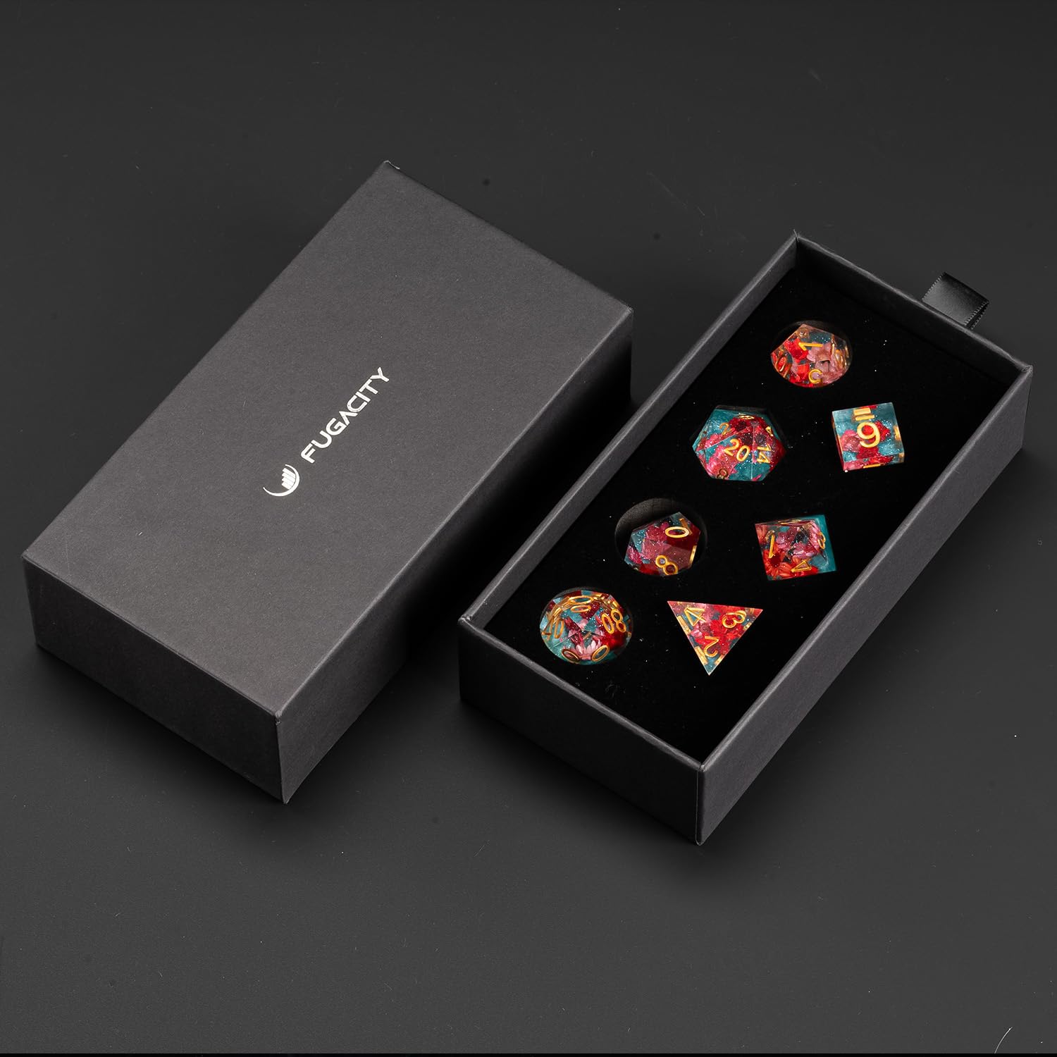 Fugacity DND Dice Set,Handmade Sharp Edge 7 Piece Resin Dice-Dungeons and Dragons Polyhedral Dice Set, D&D Dice Set with Gift Dice Case for RPG MTG Table Games(Red Flower & Blue)