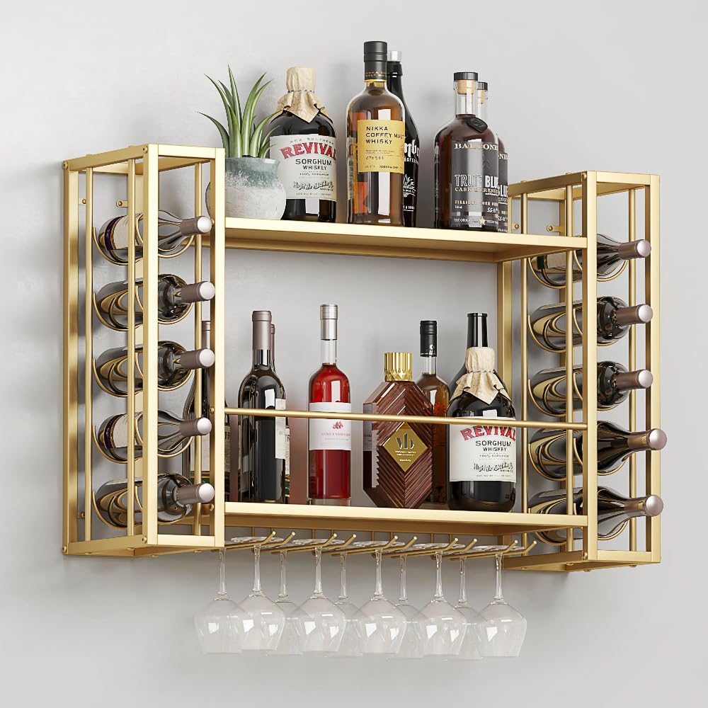 Woskar Wall Mount Wine Rack,Metal with Glass Holder, Space-Saving Liquor Display Storage for Home Bar, Kitchen, Sturdy & Stylish Design, Gold (55.8" W x 21.65" H x 9.84" D)