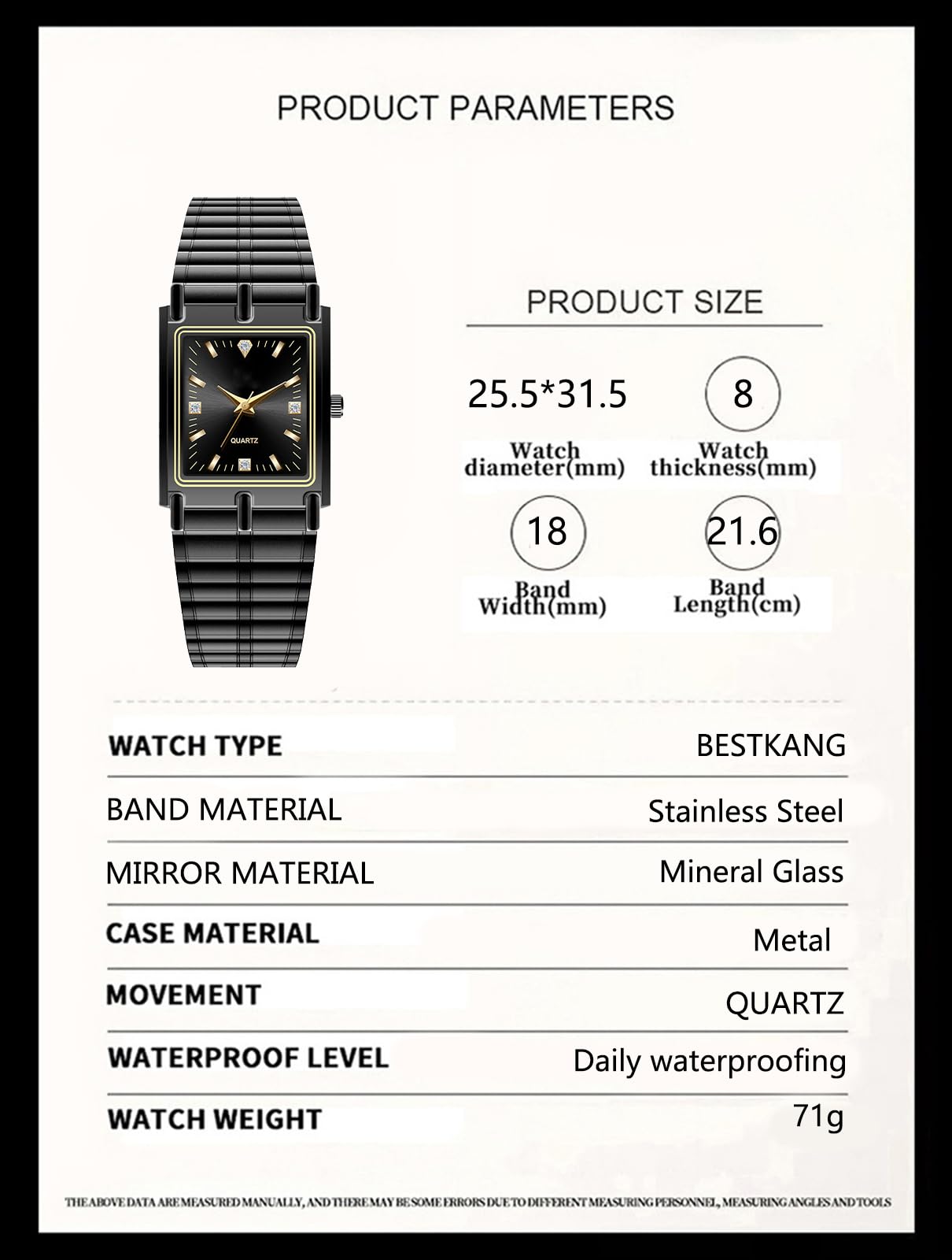 BESTKANG Unisex Watch Square Luxury Diamond Watches Analog Quartz Waterproof Watch for Men Women Stainless Steel Band Watch (Black)