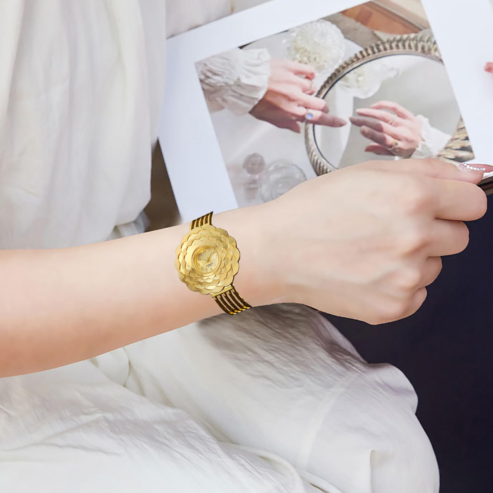 BESTKANG Womens Luxury Watch Flower Shape Cuff Bracelet Analog Quartz Wrist Watch Fashion Casual Watches for Women (Gold)