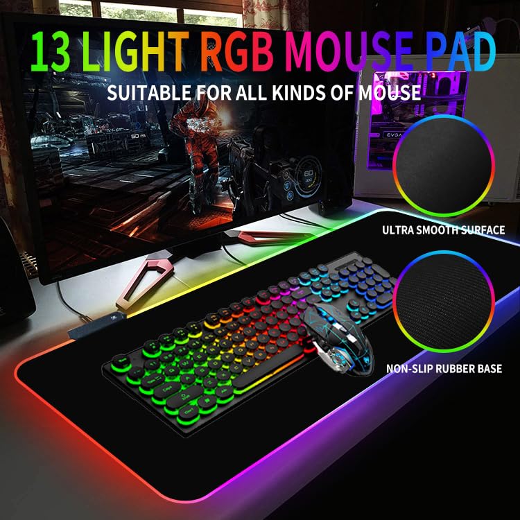 ZHLHPER RGB Gaming Mouse Pad,Large Mouse Pad,13 Colors Led Light RGB PC Gaming Desk Mat, Non-Slip Rubber Based with Waterproof Coating Big Mouse Pad 31.5X11.8 in