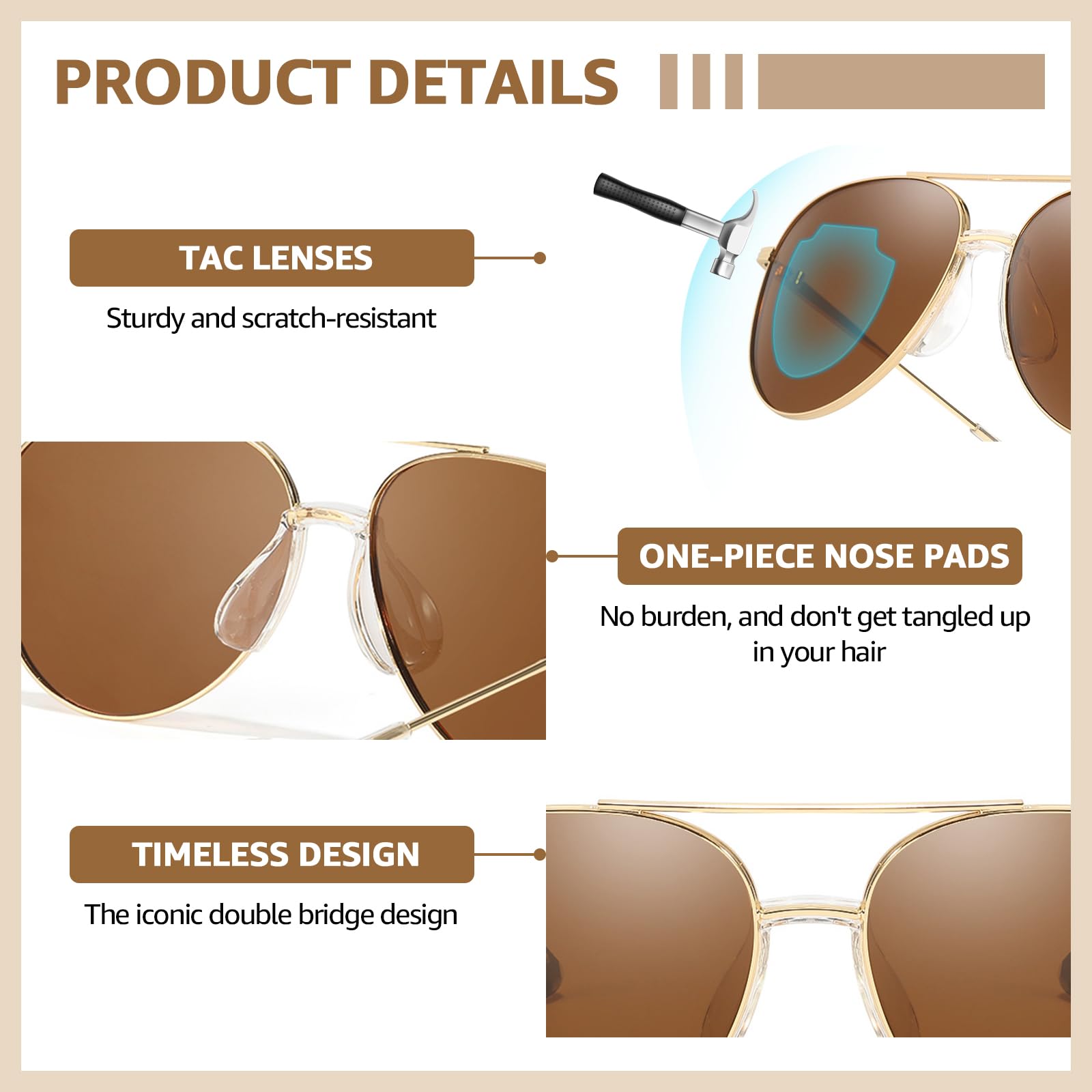 TJUTR Tangle Free Aviator Sunglasses for Women Men, Polarized UV400 Protection Trendy Shades, No-Snag Metal Frame Glasses