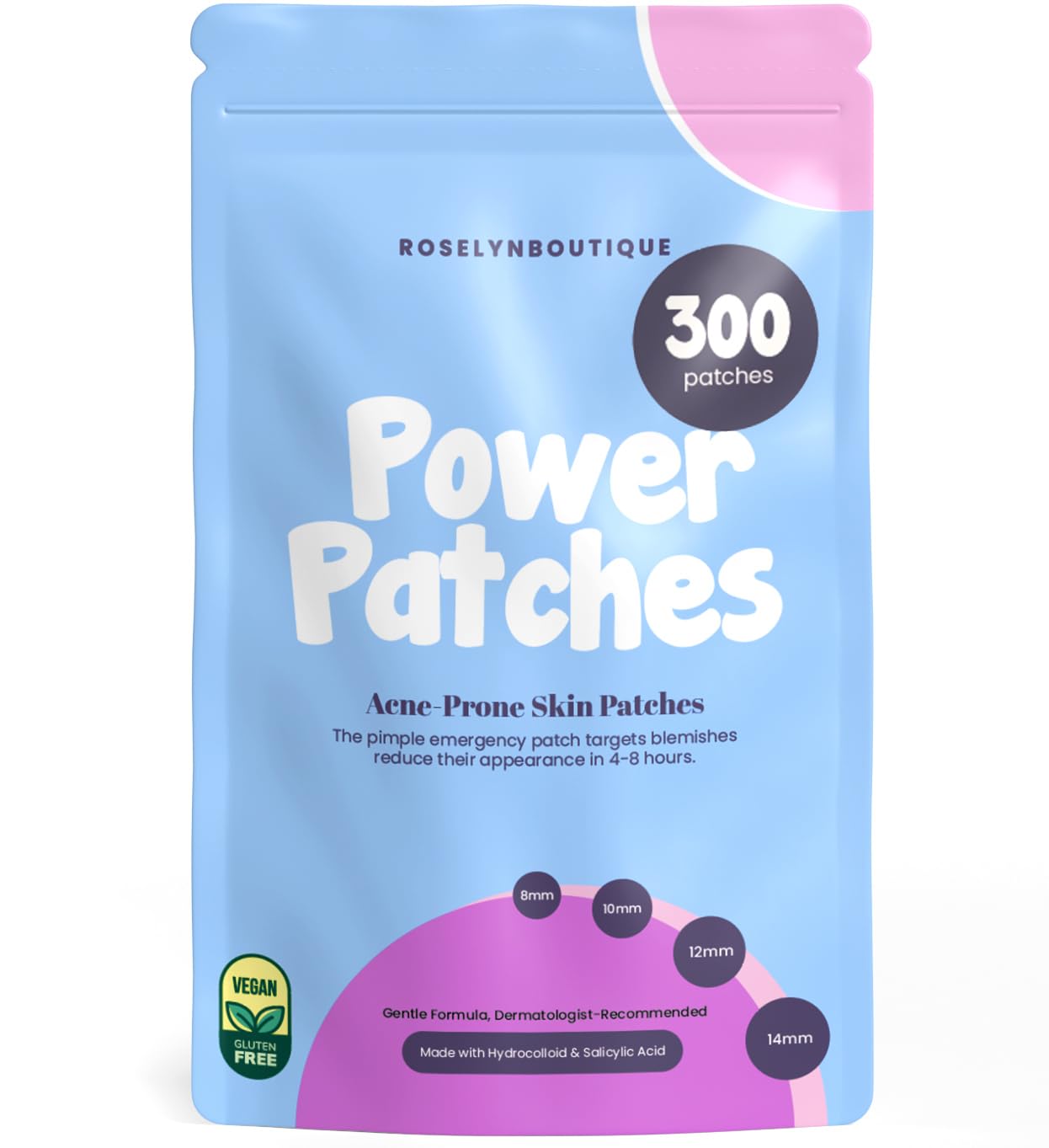 ROSELYNBOUTIQUE Pimple Patches for Face 300 Counts 4 Sizes - Hydrocolloid Acne Patches with Tea Tree Oil, SalicylicAcid, CICA Skin-Friendly