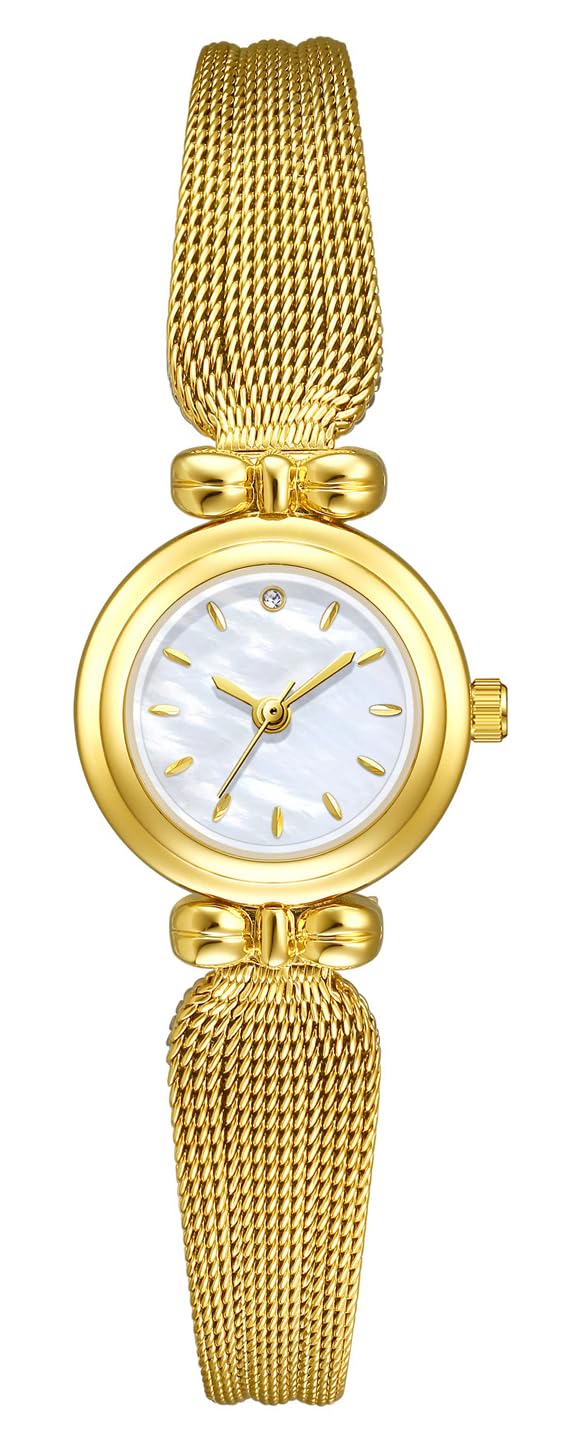Fashion Simple Women's Quartz Watch Stainless Steel Mesh Strap Business Wrist Watch (Gold White)