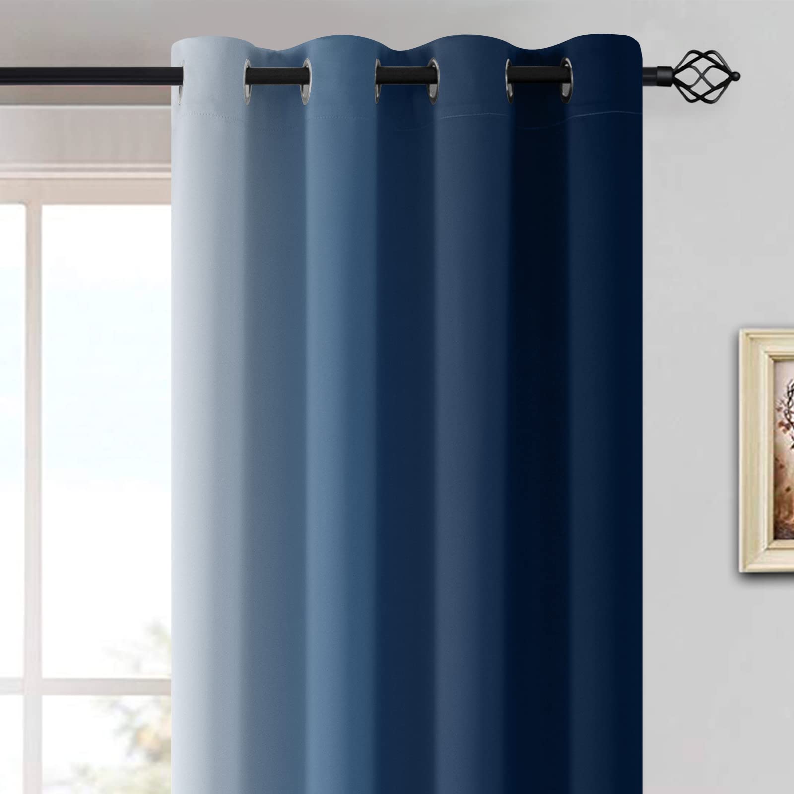 Yakamok Room Darkening Ombre Curtains,Thermal Insulated Grommet Window Drapes, Light Blocking Gradient Color Curtains for Bedroom(Blue and Greyish White, 52x63 Inch, Set of 2)