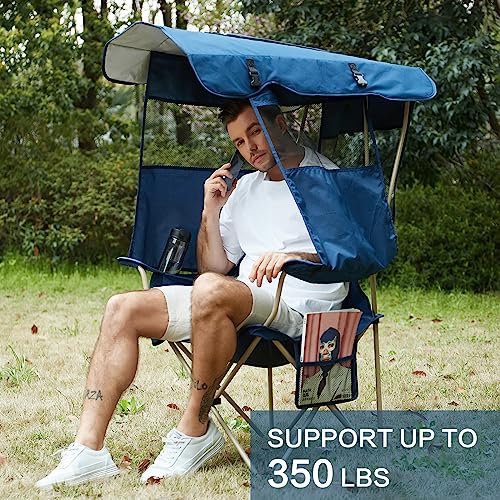 Huskfirm Camping Chair with Canopy Shade,Portable Folding Chair with UPF 50+ Sun Shade,Cup Holder,Side Pocket,Soccer Chair Adults for Camp,Beach,Outdoor Sports-Support 330 LBS Blue
