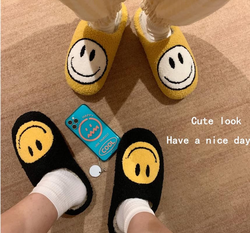 rosyclo Smile Face Slippers, Women's Retro Soft Cute Indoor Outdoor Happy Face Shoes, Cozy Trendy Plush Comfy Warm Fluffy Slip-on Home Slipper for Women Men
