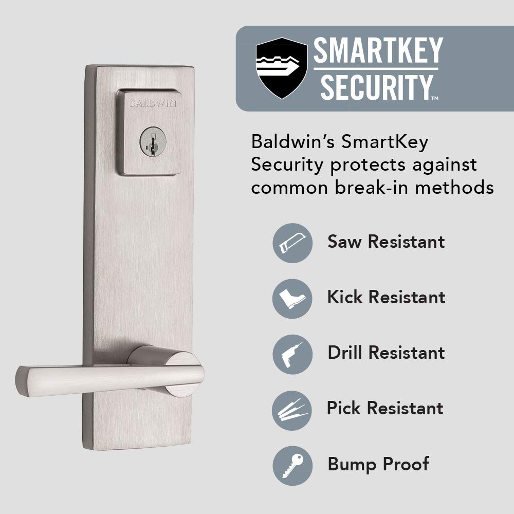 Baldwin Spyglass Single Cylinder Front Door Handleset Featuring SmartKey Security in Satin Nickel, Prestige Series with a Modern Contemporary Slim Door Handleset and Square Lever
