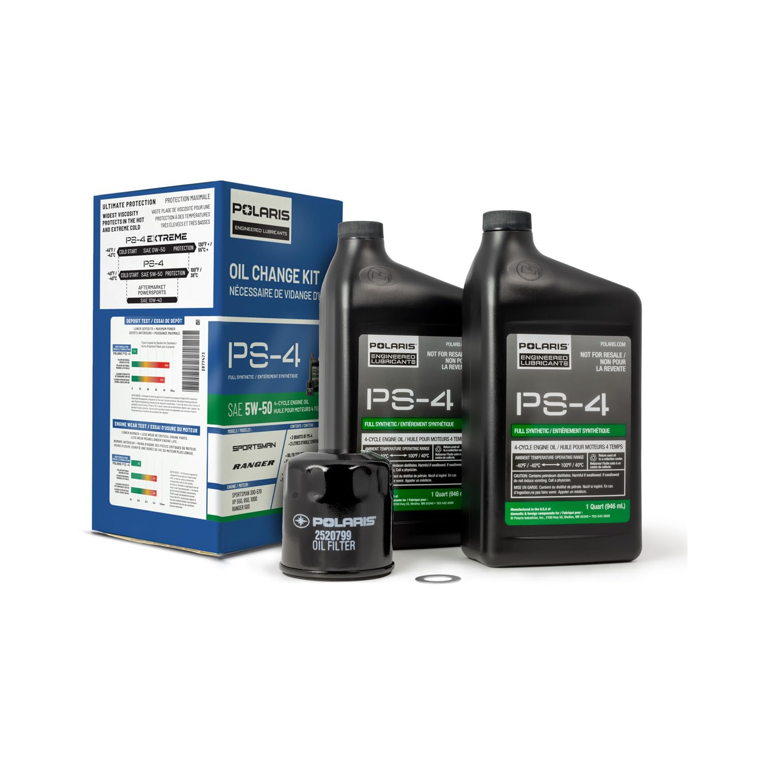 Polaris PS4 Oil Change Kit for Specific RANGER, Sportsman, Scrambler, ACE 500 Models With 4 Stroke Engine, Includes 2 Quarts of PS-4 5W-50 Full Synthetic Oil, 1 Oil Filter, 1 Washer, UTV ATV - 2877473