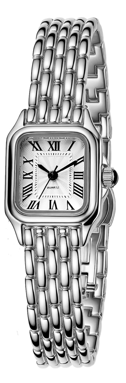BESTKANG Women's Watch, Vintage Square Classic Luxury Watch with Roman Numerals Quartz Movement Gold/Silver/Two-Tone Stainless Steel Band Elegant Dress Wrist Watches for Women (Silver White)