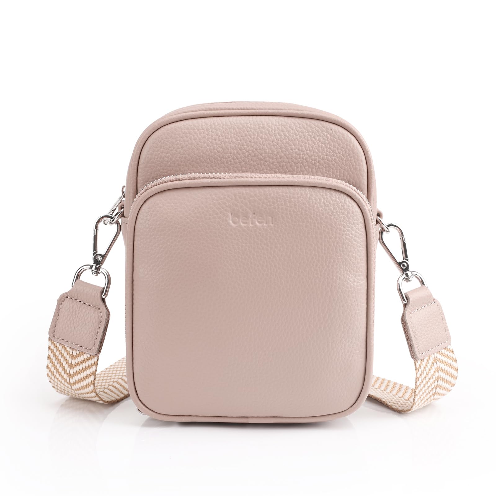befen Genuine Leather Small Crossbody Purses for Women, Trendy Cell Phone Travel Purse Shoulder Cross Body Bags with Wide Straps, Nude Pink
