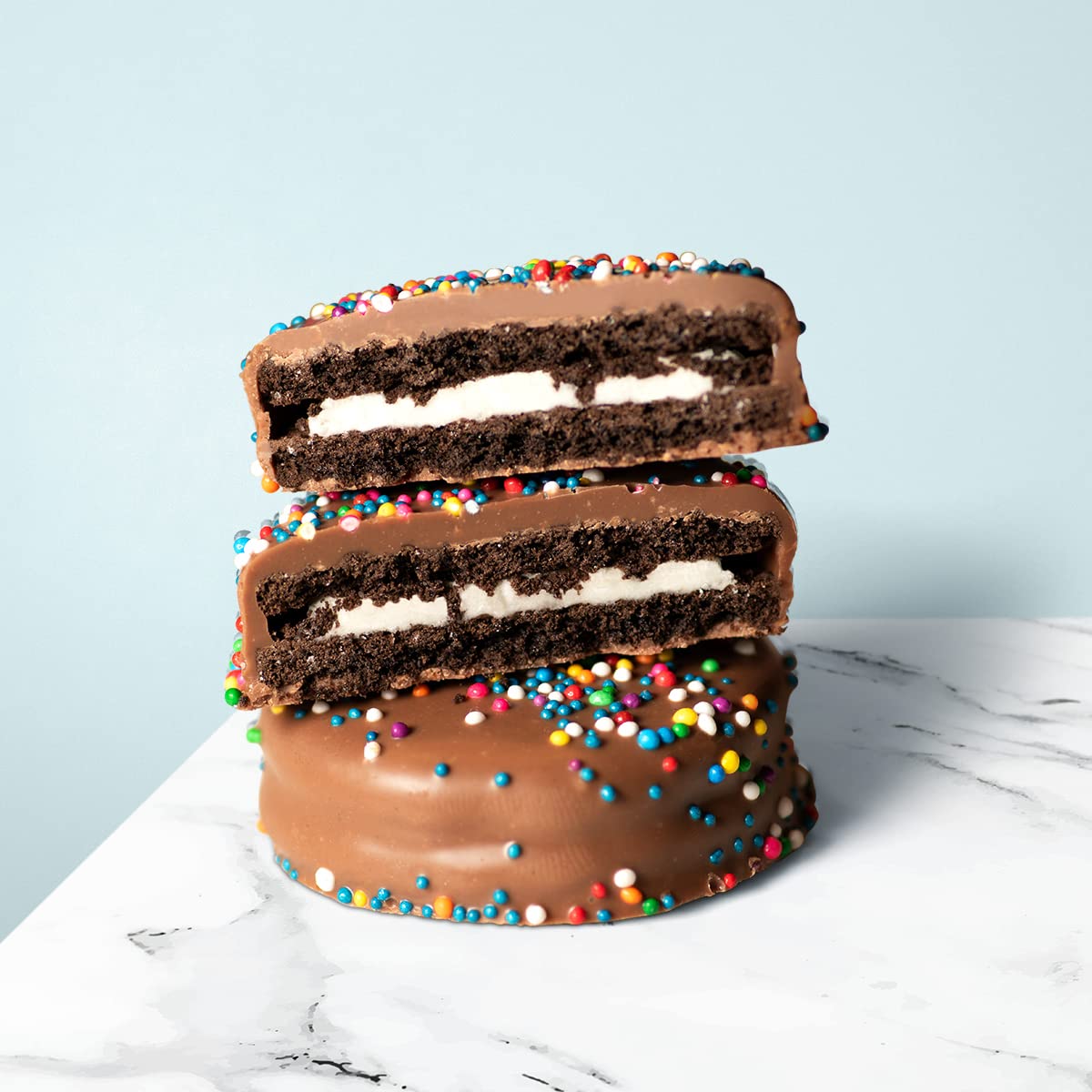 Happy Birthday Milk Chocolate Covered Sandwich Cookies, Custom 7 Pc. Blue Gift Basket, Fresh Hand Decorated Assortment, Sweet Multi-Layered Sandwich Treats for Kids and Adults