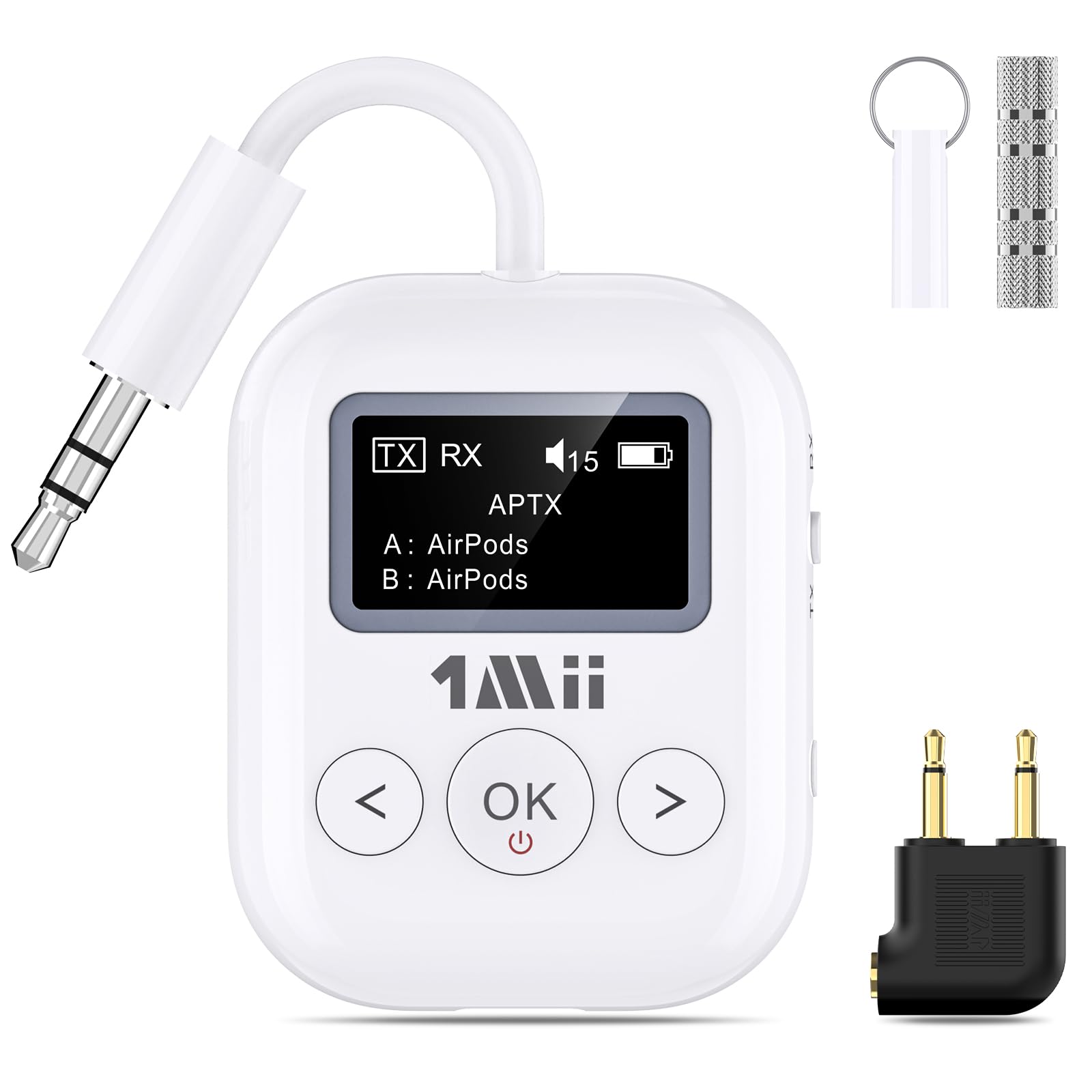 1Mii SafeFly Min+ Bluetooth Transmitter and Receiver,Bluetooth Adapter for Airplane, 2 Devices can be Linked,Use with Any 3.5mm Jack on Airplanes, Gym Equipment, TVs,Old Audio and Auto-2024Upgraded