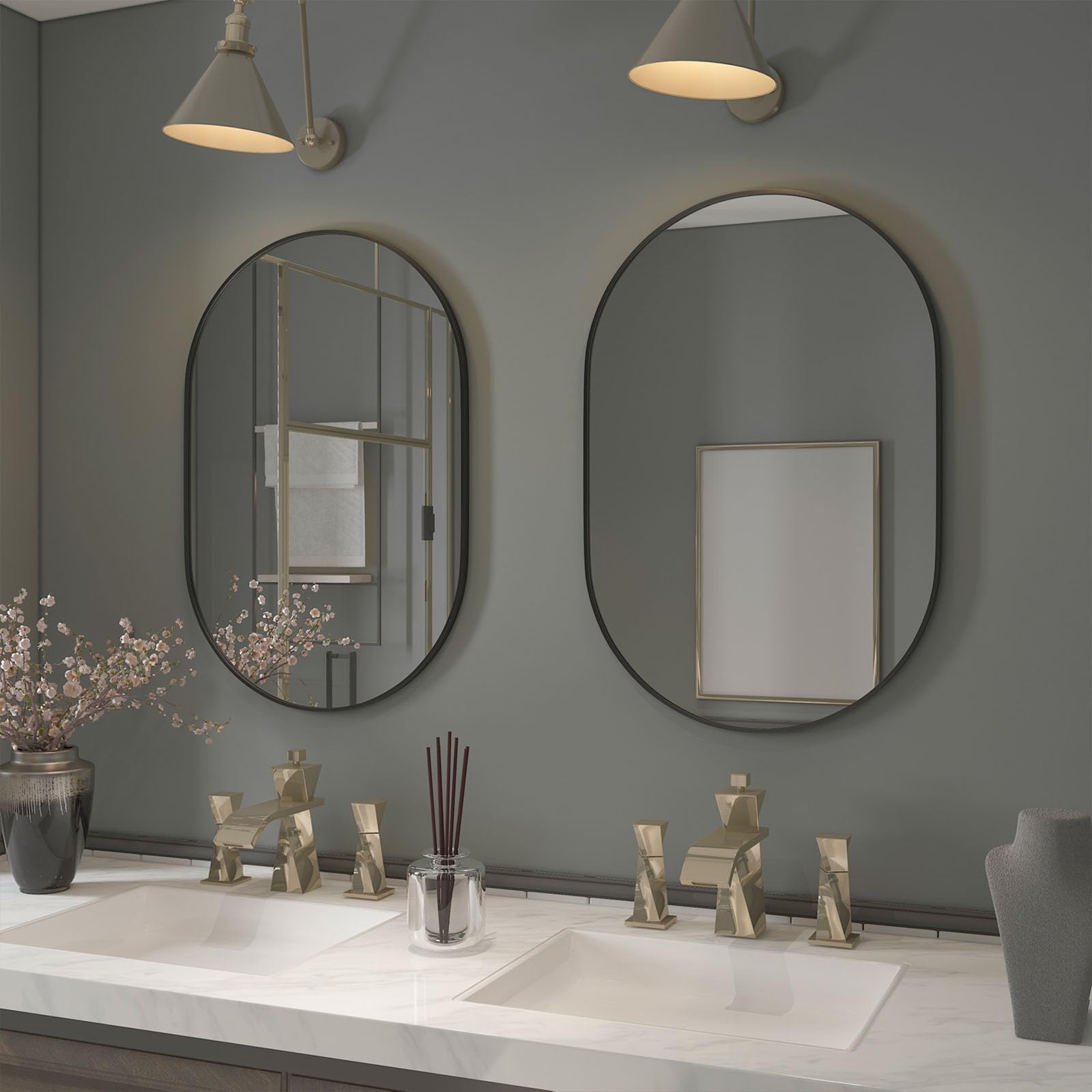 CASSILANDO 2 Pieces Oval Mirror, 20"×30" Oval Bathroom Mirror, Metal Frame Mirror, Hang Horizontally or Vertically Unique Wall Mounted Mirror, Black Vanity Mirror for Living Room, Bathroom