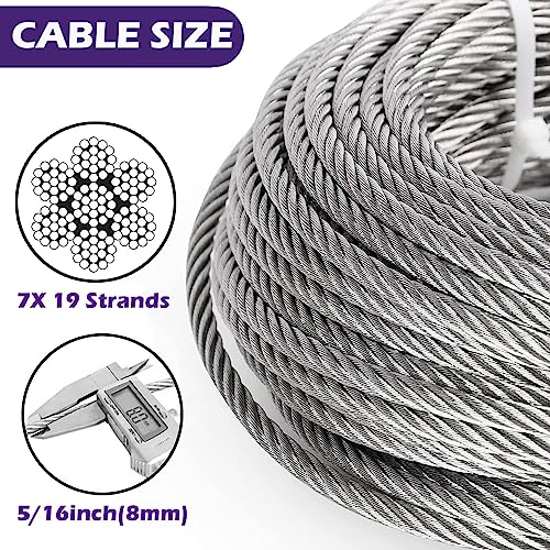 hannger 5/16 Stainless Steel Cable 25ft, 7x19 Strand Wire Rope Cable, 9000 lbs Break Strength, Steel Cables with Loops, Wire Rope Clamps, Thimble for Boat Lifts, Zip line, Deck Railing