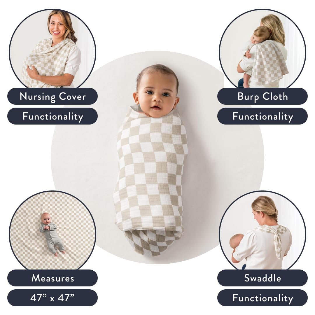 Itzy Ritzy Breastfeeding Boss Multi-Use Cover – A Nursing Cover, Swaddle, Car Seat Cover, Tummy Time Mat & Burp Cloth All in One – Made of Soft Muslin Fabric & Measures 47” x 47” (Checkerboard)