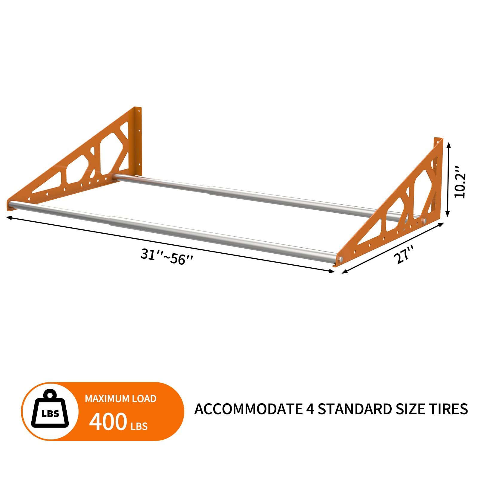 Fioracl Tire Rack Wall Mount Adjustable 31"-56" Tire Storage Rack Wall Mount Wheel Rack with Heavy Duty Telescopic RodsSteel 400 Pound Weight Capacity (Orange)