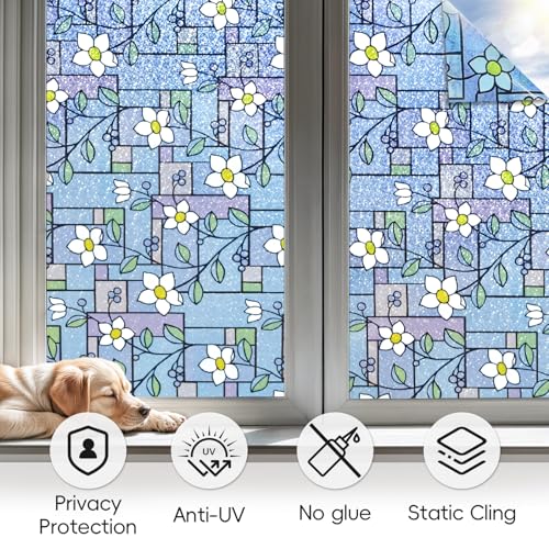DUOFIRE Total Blackout Window Film, 100% Light Blocking Stained Glass Window Film Decorative, Flower Rainbow Windows Films Room Removable Static Cling Windows Cover for Home, 47.2 x 78.7 inches